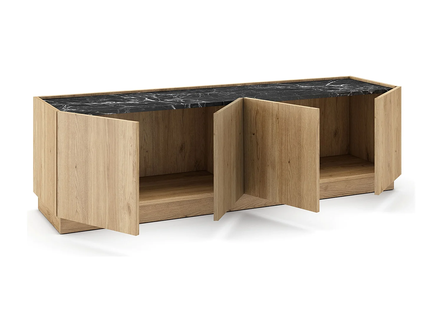 Meuble TV, meuble de salon avec 4 portes aspect bois coloris naturel et effet marbre noir - Longueur 160 x Profondeur 41,8 x Hauteur 48 cm