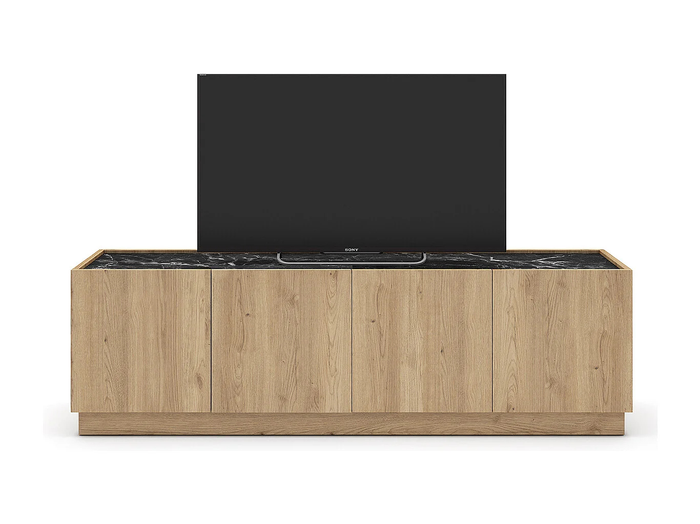Meuble TV, meuble de salon avec 4 portes aspect bois coloris naturel et effet marbre noir - Longueur 160 x Profondeur 41,8 x Hauteur 48 cm