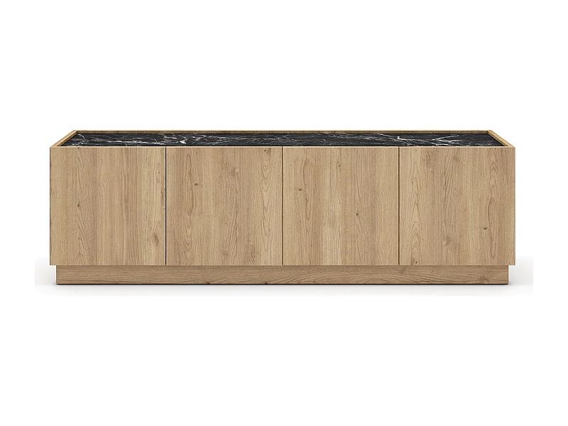 Meuble TV, meuble de salon avec 4 portes aspect bois coloris naturel et effet marbre noir - Longueur 160 x Profondeur 41,8 x Hauteur 48 cm