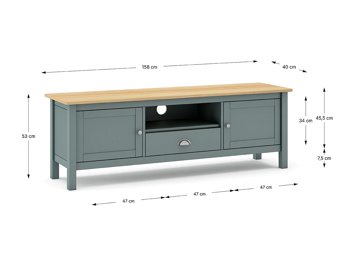 Meuble TV, meuble de salon avec 2 portes et 1 niche coloris Vert kaki, chêne - Longueur 158 x Profondeur 40 x Hauteur 53 cm