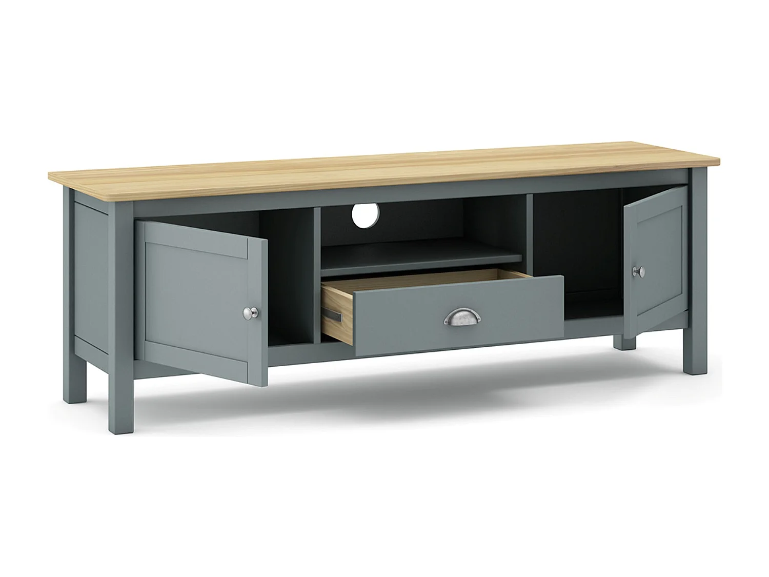 Meuble TV, meuble de salon avec 2 portes et 1 niche coloris Vert kaki, chêne - Longueur 158 x Profondeur 40 x Hauteur 53 cm