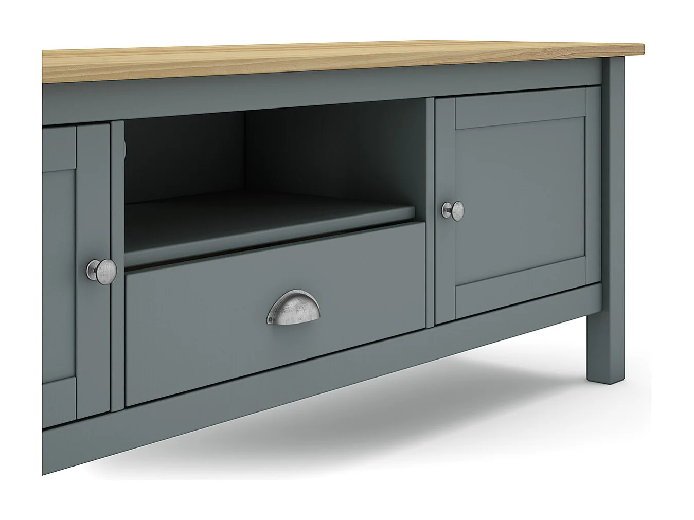 Meuble TV, meuble de salon avec 2 portes et 1 niche coloris Vert kaki, chêne - Longueur 158 x Profondeur 40 x Hauteur 53 cm