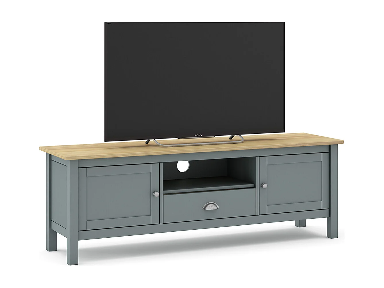 Meuble TV, meuble de salon avec 2 portes et 1 niche coloris Vert kaki, chêne - Longueur 158 x Profondeur 40 x Hauteur 53 cm