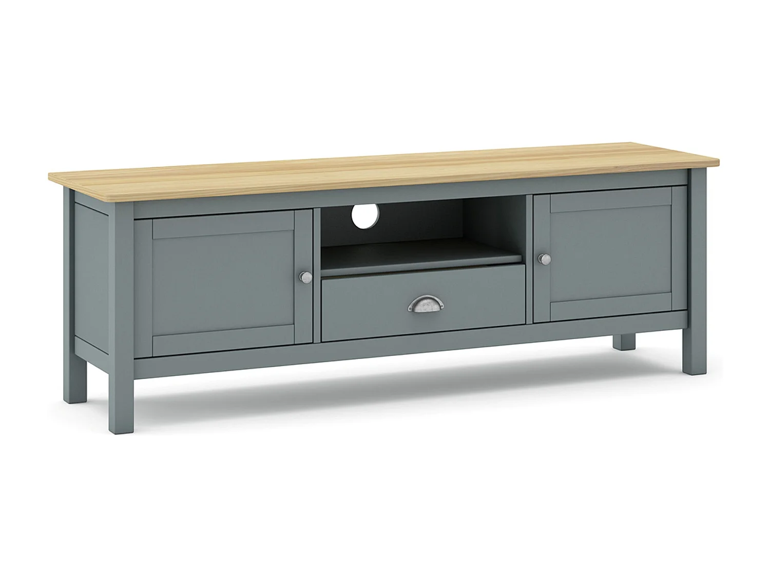 Meuble TV, meuble de salon avec 2 portes et 1 niche coloris Vert kaki, chêne - Longueur 158 x Profondeur 40 x Hauteur 53 cm