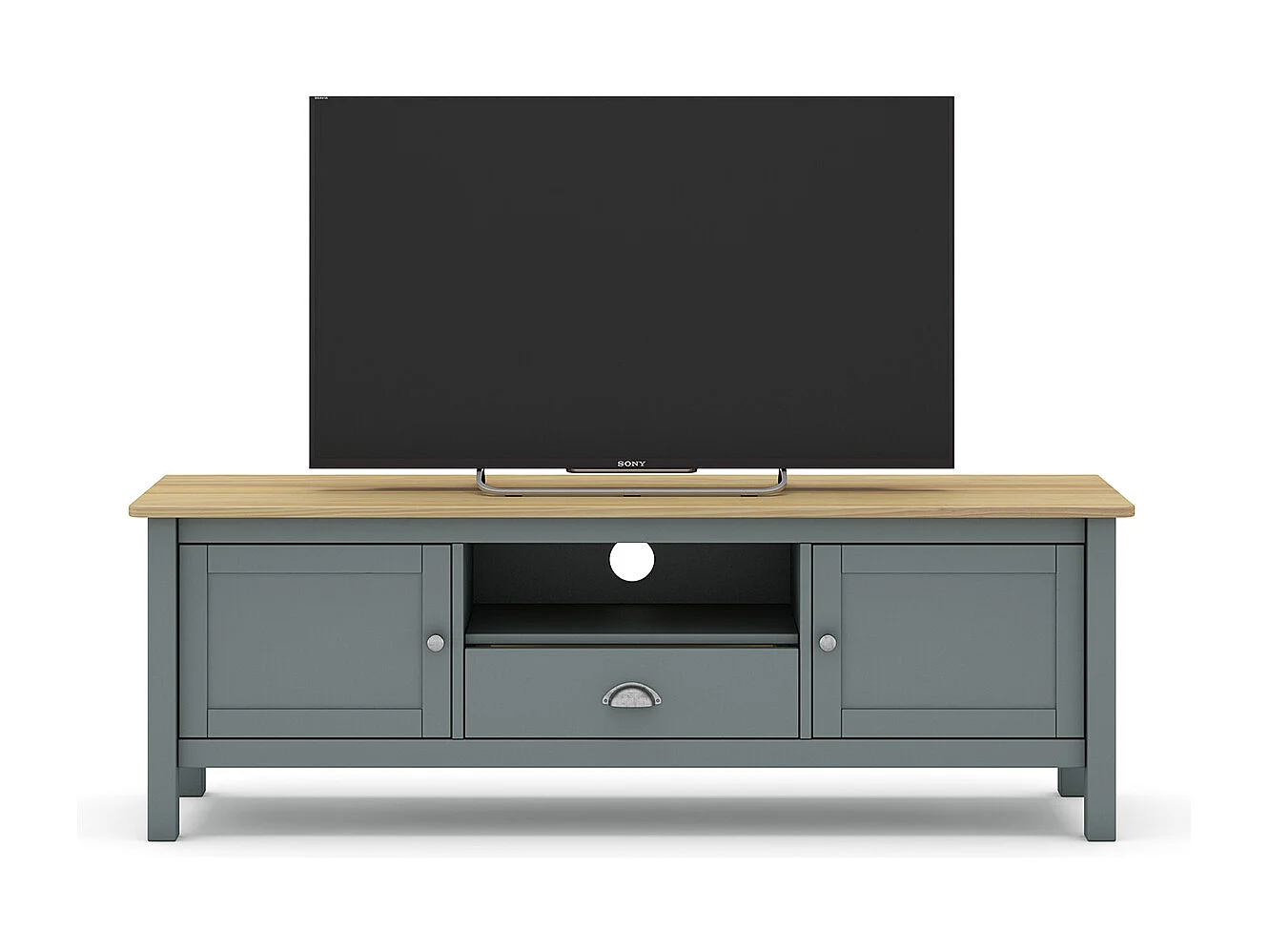Meuble TV, meuble de salon avec 2 portes et 1 niche coloris Vert kaki, chêne - Longueur 158 x Profondeur 40 x Hauteur 53 cm