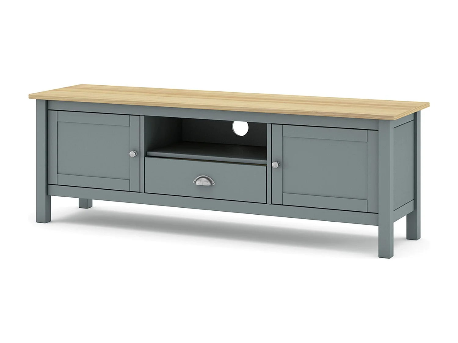 Meuble TV, meuble de salon avec 2 portes et 1 niche coloris Vert kaki, chêne - Longueur 158 x Profondeur 40 x Hauteur 53 cm