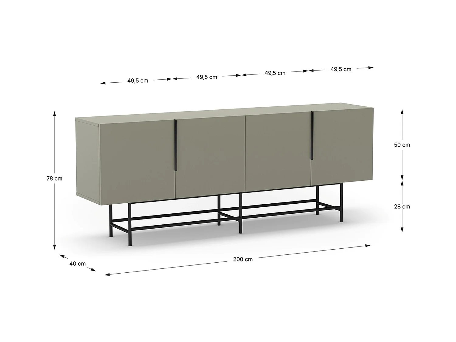 Meuble TV, meuble de salon aspect bois coloris vert et pieds en métal noir - Longueur 200 x Profondeur 40 x Hauteur 77 cm