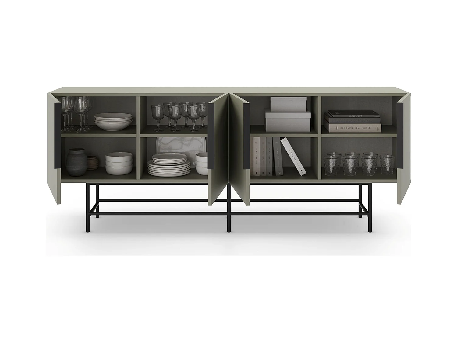 Meuble TV, meuble de salon aspect bois coloris vert et pieds en métal noir - Longueur 200 x Profondeur 40 x Hauteur 77 cm