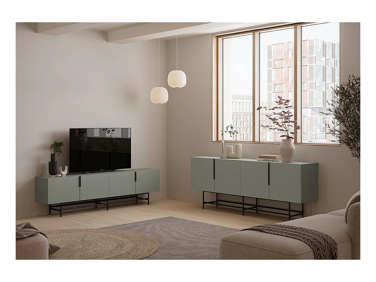 Meuble TV, meuble de salon aspect bois coloris vert et pieds en métal noir - Longueur 200 x Profondeur 40 x Hauteur 77 cm