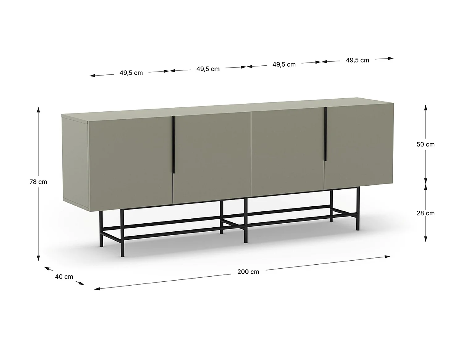 Meuble TV, meuble de salon aspect bois coloris vert et pieds en métal noir - Longueur 200 x Profondeur 40 x Hauteur 77 cm