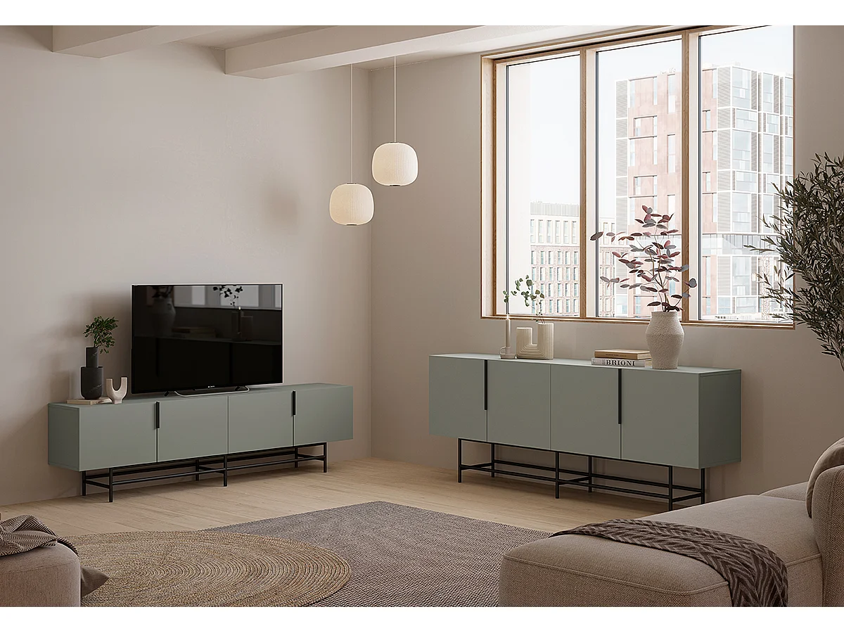 Meuble TV, meuble de salon aspect bois coloris vert et pieds en métal noir - Longueur 200 x Profondeur 40 x Hauteur 77 cm