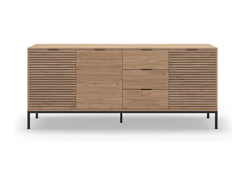 Meuble TV, meuble de salon avec 3 tiroirs et 3 portes aspect bois coloris naturel, pieds en métal coloris noir -Longueur 180 x Profondeur 40 x Hauteur 80 cm