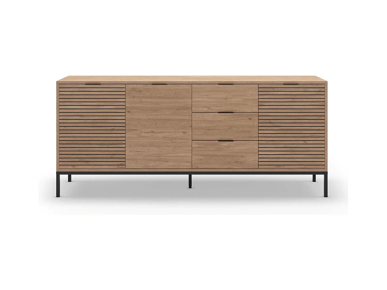 Meuble TV, meuble de salon avec 3 tiroirs et 3 portes aspect bois coloris naturel, pieds en métal coloris noir -Longueur 180 x Profondeur 40 x Hauteur 80 cm