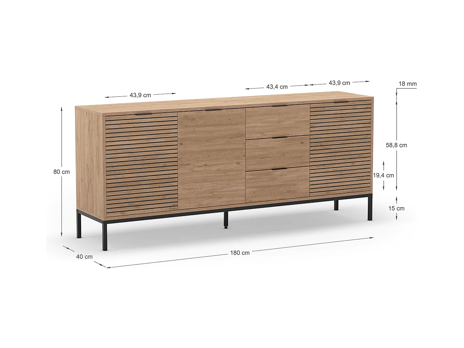 Meuble TV, meuble de salon avec 3 tiroirs et 3 portes aspect bois coloris naturel, pieds en métal coloris noir -Longueur 180 x Profondeur 40 x Hauteur 80 cm