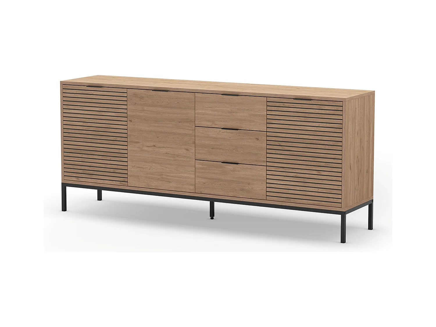 Meuble TV, meuble de salon avec 3 tiroirs et 3 portes aspect bois coloris naturel, pieds en métal coloris noir -Longueur 180 x Profondeur 40 x Hauteur 80 cm