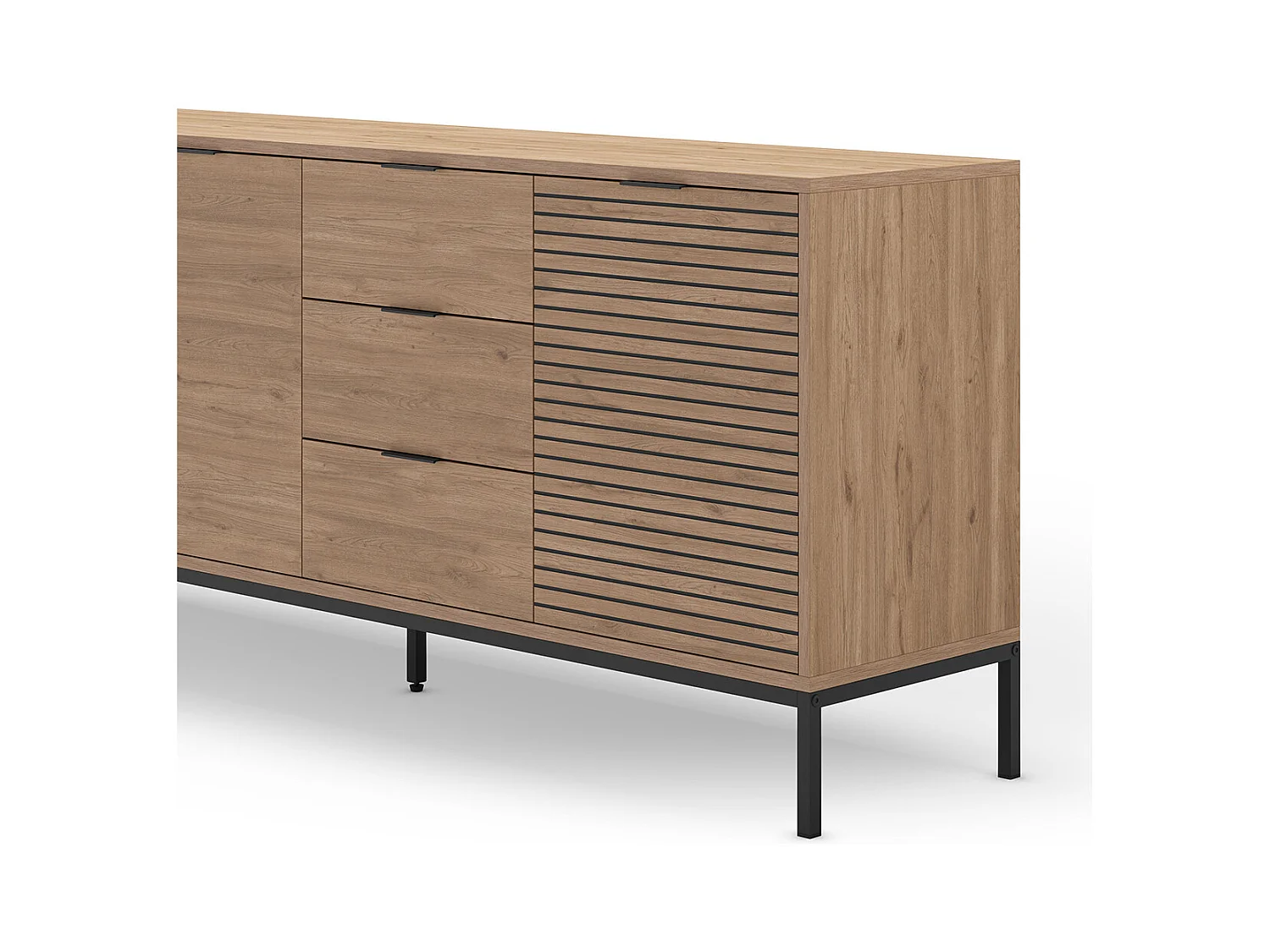 Meuble TV, meuble de salon avec 3 tiroirs et 3 portes aspect bois coloris naturel, pieds en métal coloris noir -Longueur 180 x Profondeur 40 x Hauteur 80 cm