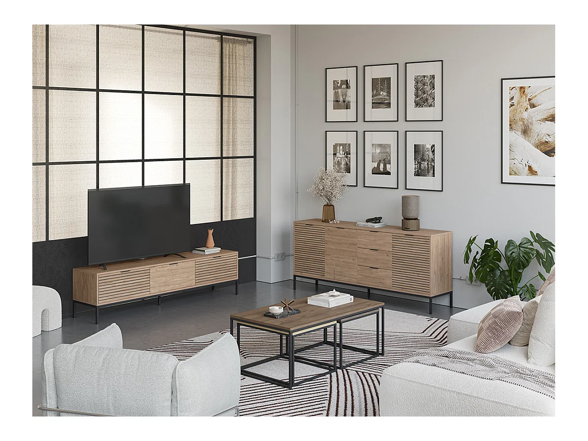 Meuble TV, meuble de salon avec 3 tiroirs et 3 portes aspect bois coloris naturel, pieds en métal coloris noir -Longueur 180 x Profondeur 40 x Hauteur 80 cm