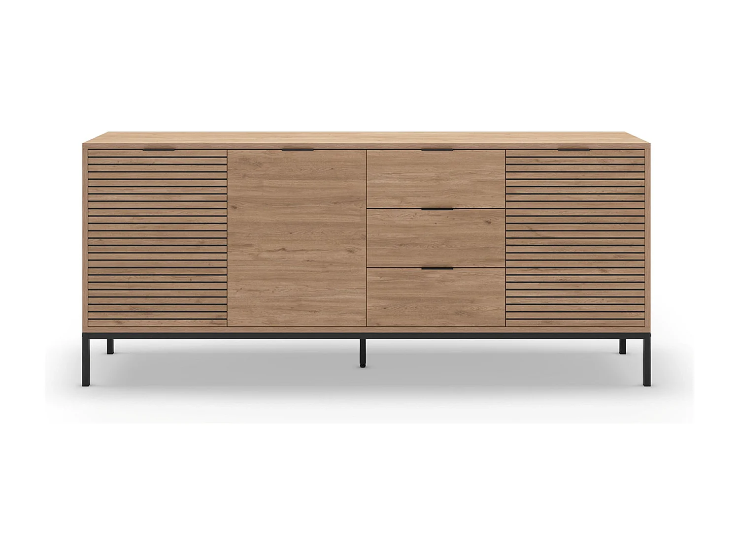 Meuble TV, meuble de salon avec 3 tiroirs et 3 portes aspect bois coloris naturel, pieds en métal coloris noir -Longueur 180 x Profondeur 40 x Hauteur 80 cm