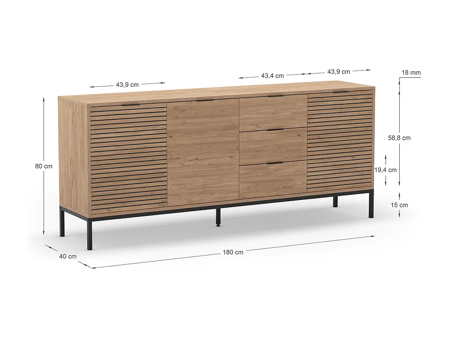 Meuble TV, meuble de salon avec 3 tiroirs et 3 portes aspect bois coloris naturel, pieds en métal coloris noir -Longueur 180 x Profondeur 40 x Hauteur 80 cm