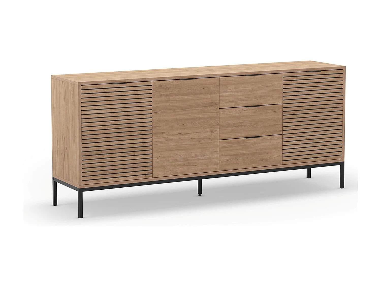 Meuble TV, meuble de salon avec 3 tiroirs et 3 portes aspect bois coloris naturel, pieds en métal coloris noir -Longueur 180 x Profondeur 40 x Hauteur 80 cm