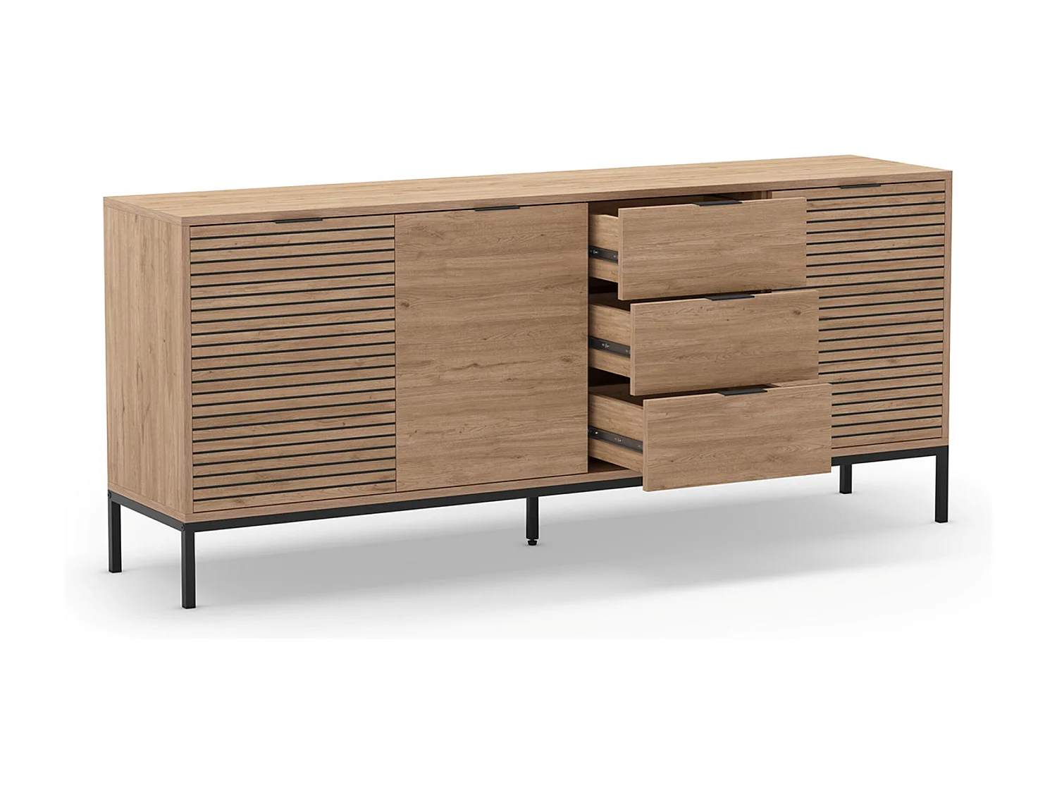 Meuble TV, meuble de salon avec 3 tiroirs et 3 portes aspect bois coloris naturel, pieds en métal coloris noir -Longueur 180 x Profondeur 40 x Hauteur 80 cm