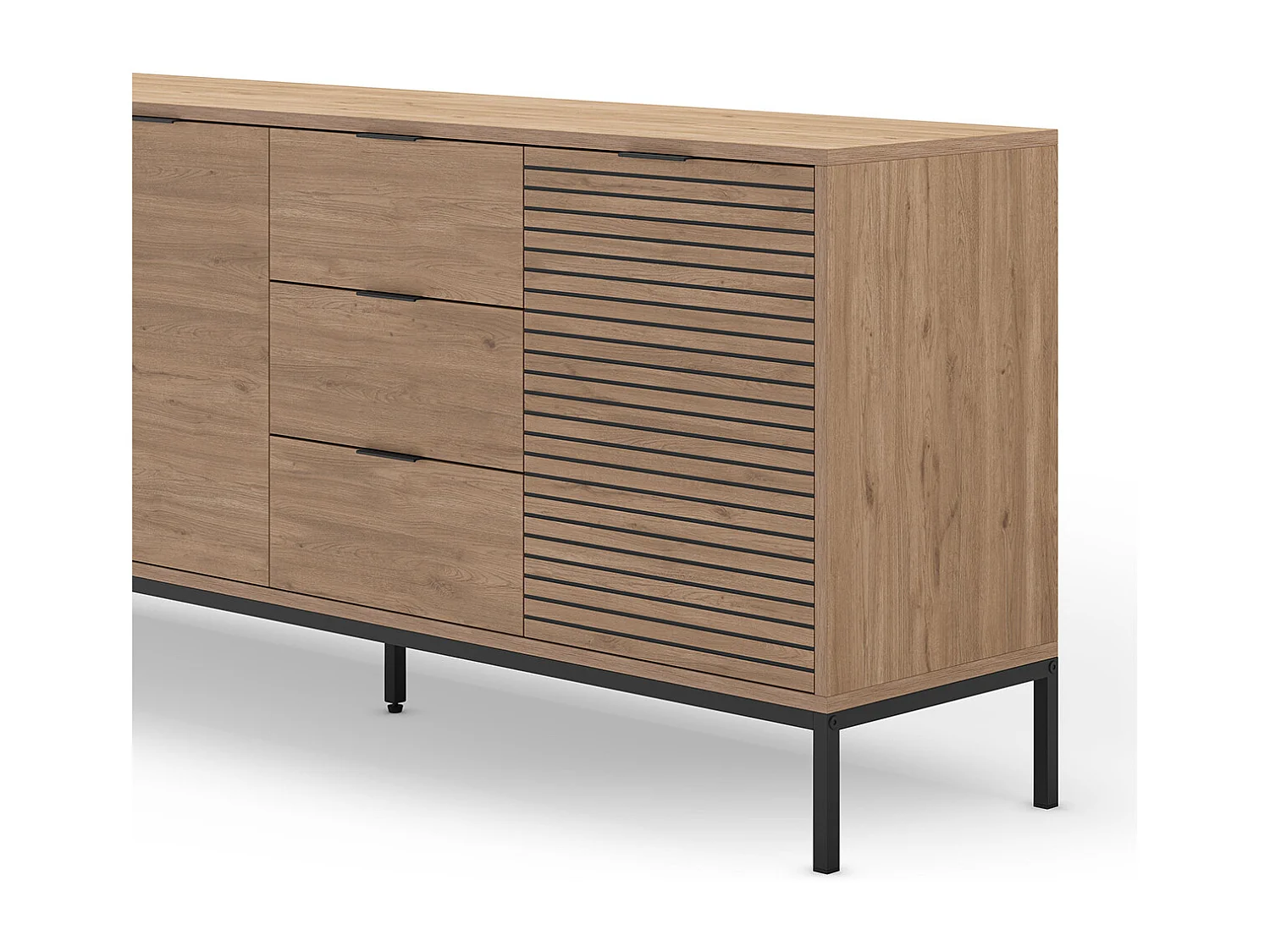 Meuble TV, meuble de salon avec 3 tiroirs et 3 portes aspect bois coloris naturel, pieds en métal coloris noir -Longueur 180 x Profondeur 40 x Hauteur 80 cm