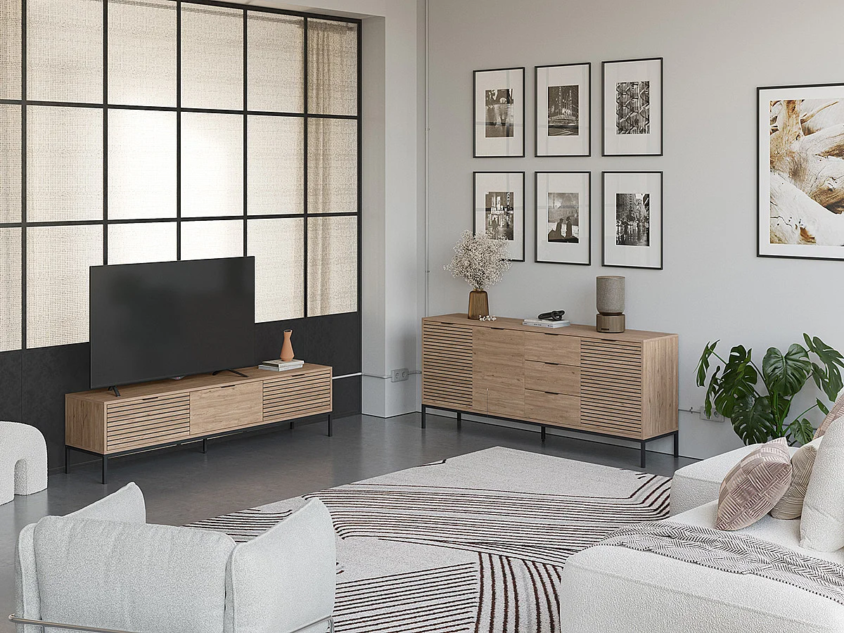 Meuble TV, meuble de salon avec 3 tiroirs et 3 portes aspect bois coloris naturel, pieds en métal coloris noir -Longueur 180 x Profondeur 40 x Hauteur 80 cm
