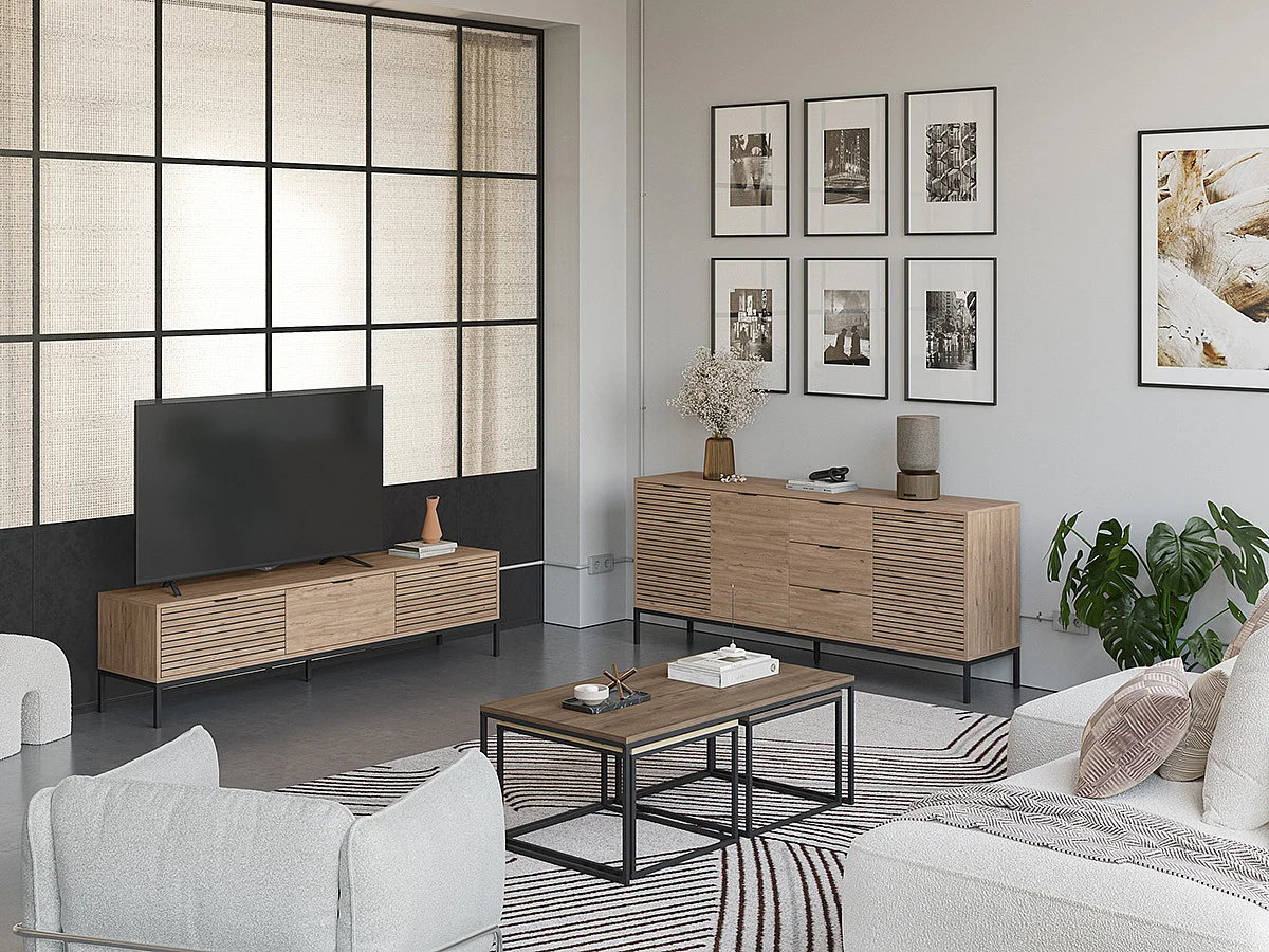 Meuble TV, meuble de salon avec 3 tiroirs et 3 portes aspect bois coloris naturel, pieds en métal coloris noir -Longueur 180 x Profondeur 40 x Hauteur 80 cm