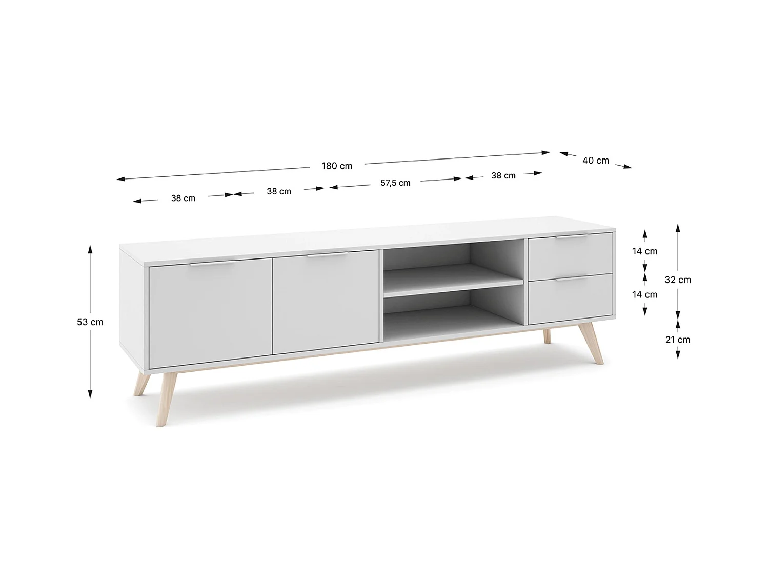 Meuble TV, meuble de salon avec 2 portes, 2 niches et 2 tiroirs en pin coloris blanc/naturel - Longueur 180 x Profondeur 40 x Hauteur 53 cm