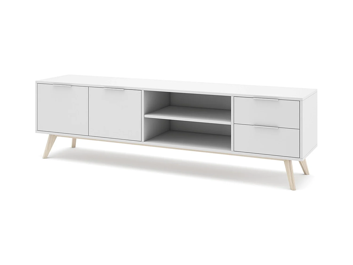 Meuble TV, meuble de salon avec 2 portes, 2 niches et 2 tiroirs en pin coloris blanc/naturel - Longueur 180 x Profondeur 40 x Hauteur 53 cm