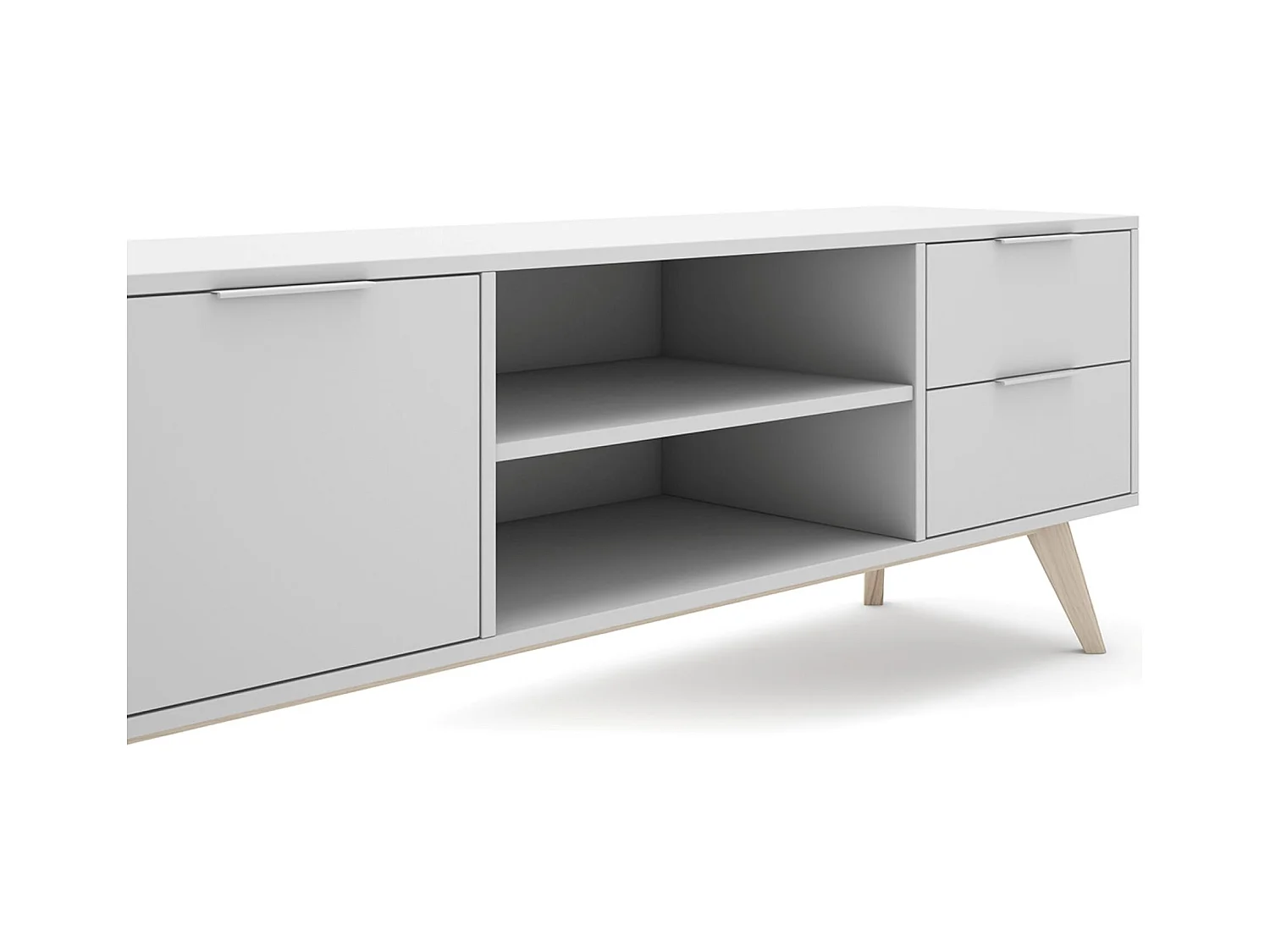 Meuble TV, meuble de salon avec 2 portes, 2 niches et 2 tiroirs en pin coloris blanc/naturel - Longueur 180 x Profondeur 40 x Hauteur 53 cm