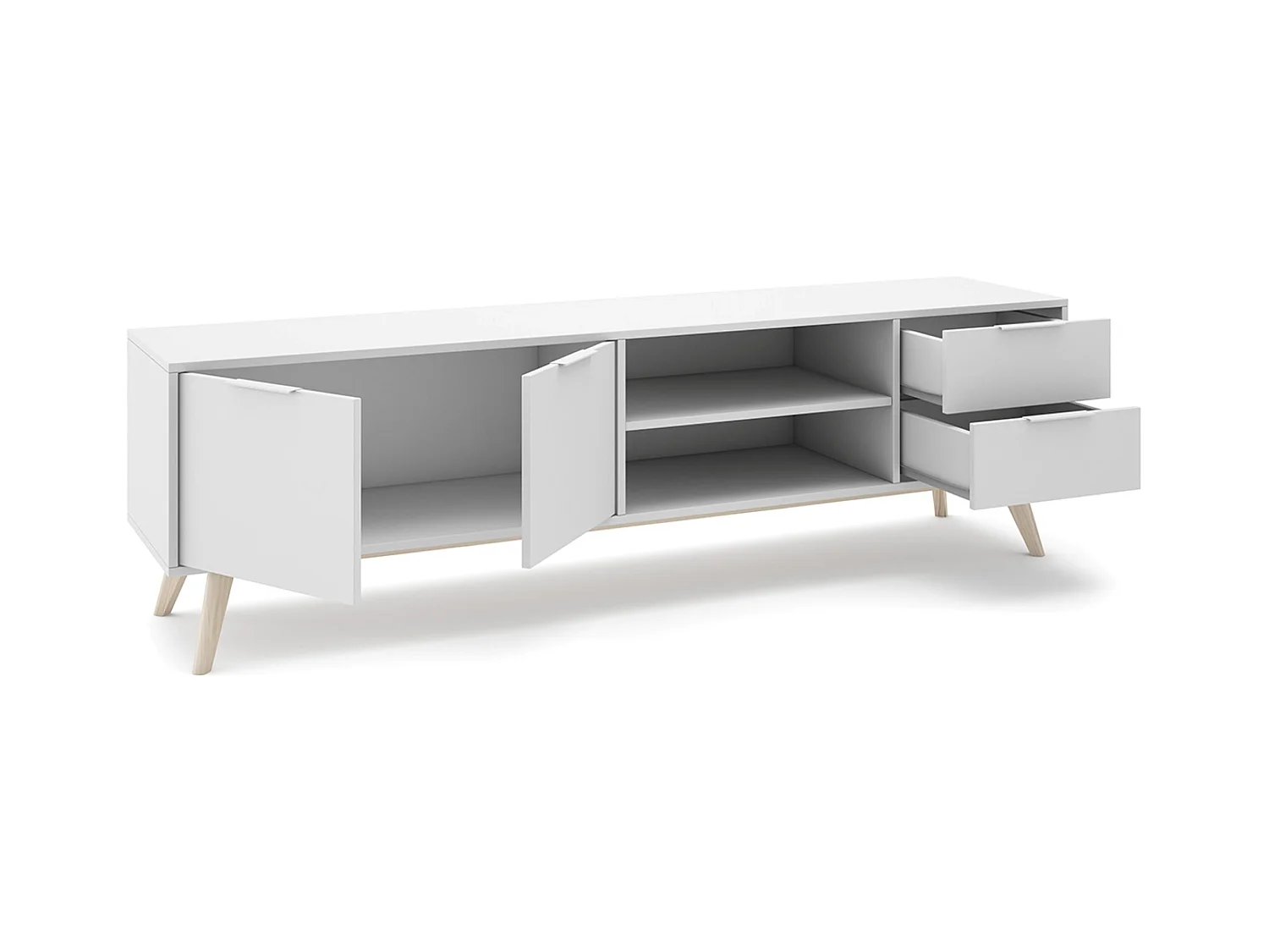 Meuble TV, meuble de salon avec 2 portes, 2 niches et 2 tiroirs en pin coloris blanc/naturel - Longueur 180 x Profondeur 40 x Hauteur 53 cm