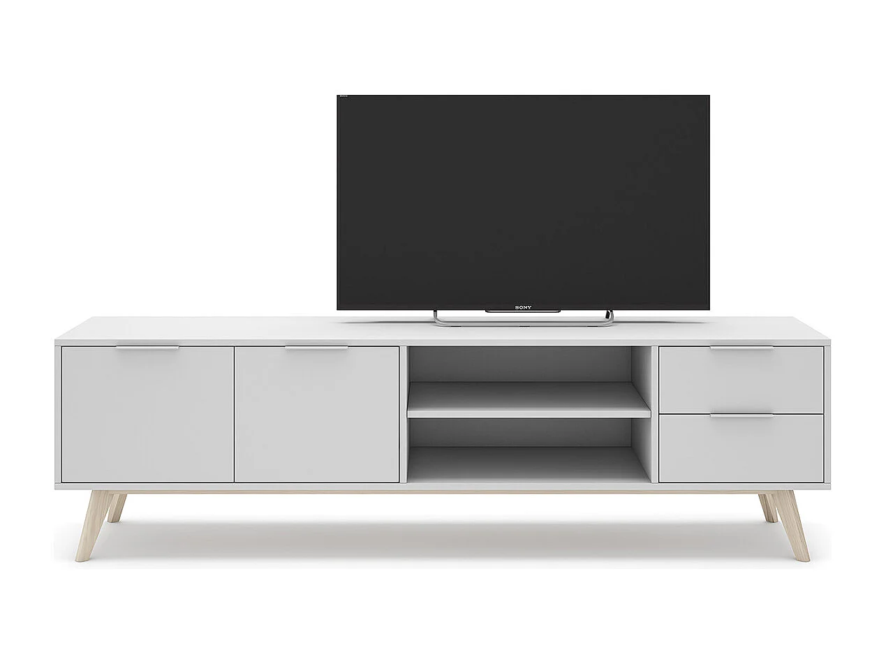 Meuble TV, meuble de salon avec 2 portes, 2 niches et 2 tiroirs en pin coloris blanc/naturel - Longueur 180 x Profondeur 40 x Hauteur 53 cm