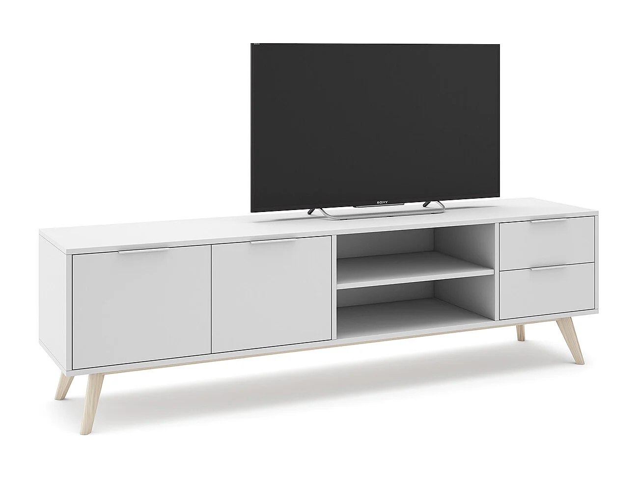 Meuble TV, meuble de salon avec 2 portes, 2 niches et 2 tiroirs en pin coloris blanc/naturel - Longueur 180 x Profondeur 40 x Hauteur 53 cm