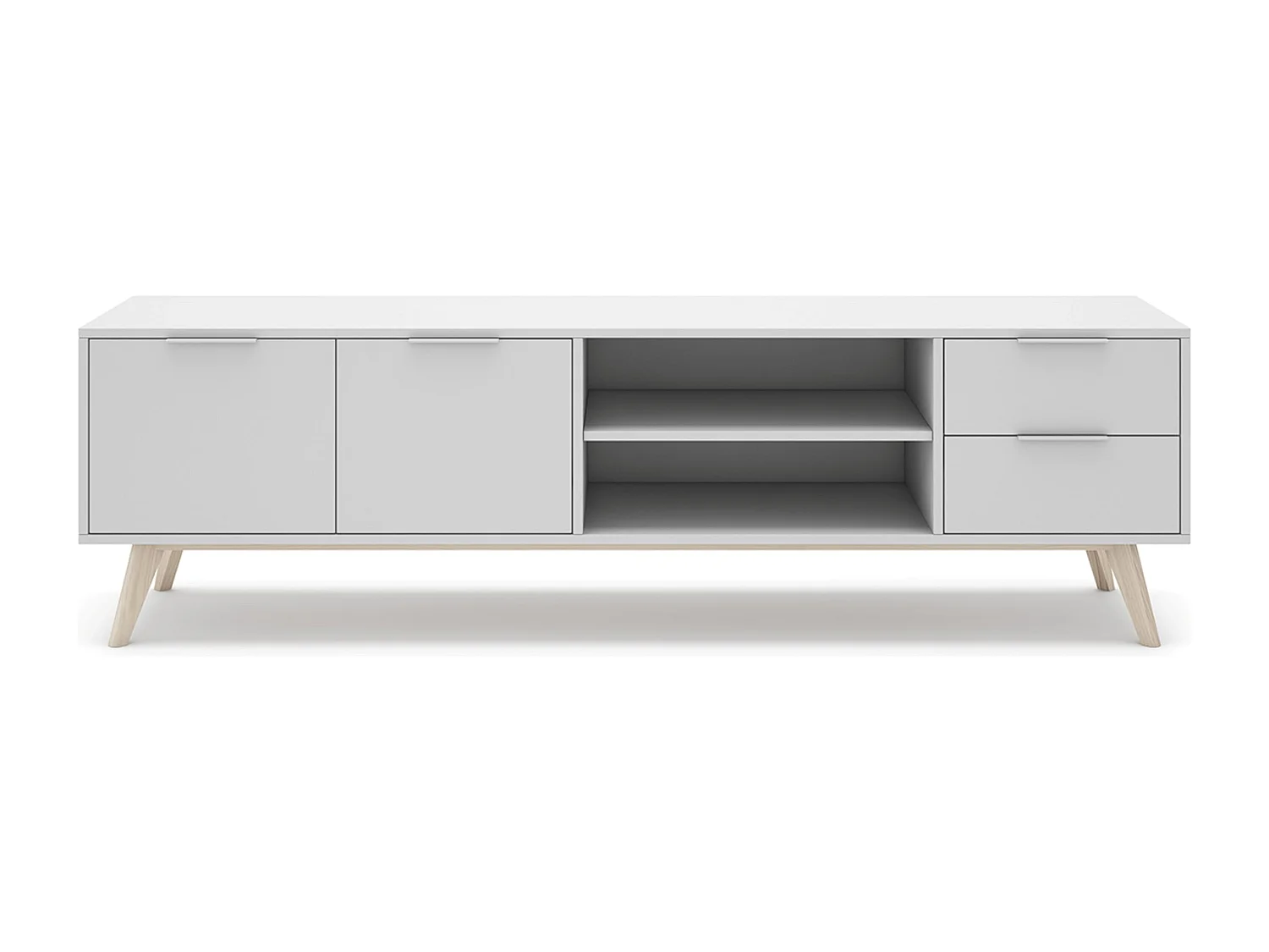 Meuble TV, meuble de salon avec 2 portes, 2 niches et 2 tiroirs en pin coloris blanc/naturel - Longueur 180 x Profondeur 40 x Hauteur 53 cm