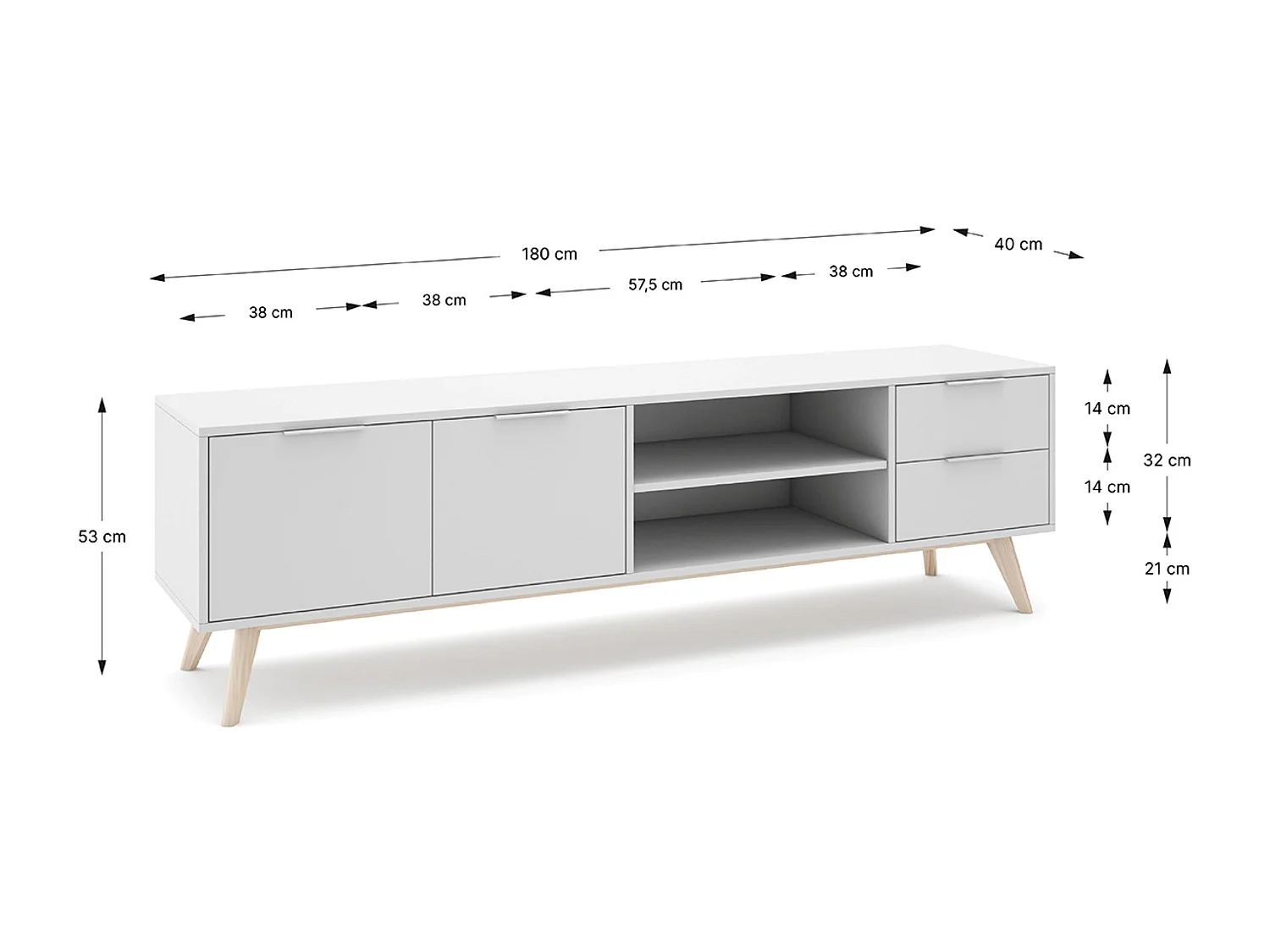 Meuble TV, meuble de salon avec 2 portes, 2 niches et 2 tiroirs en pin coloris blanc/naturel - Longueur 180 x Profondeur 40 x Hauteur 53 cm