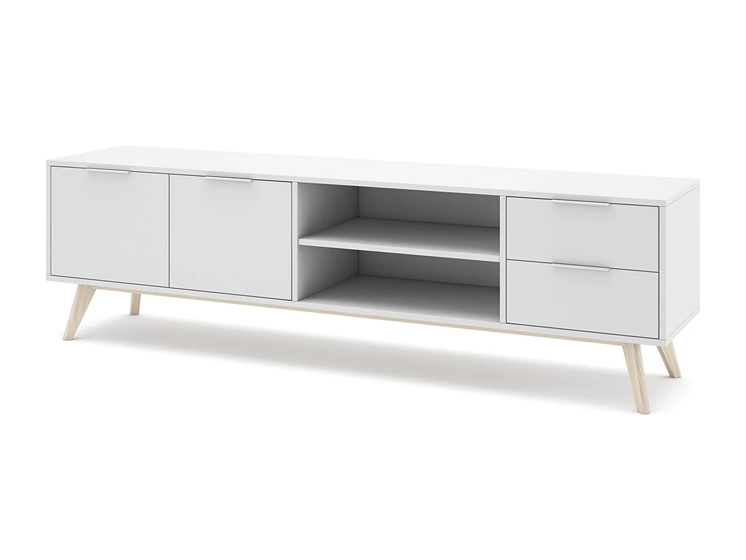 Meuble TV, meuble de salon avec 2 portes, 2 niches et 2 tiroirs en pin coloris blanc/naturel - Longueur 180 x Profondeur 40 x Hauteur 53 cm