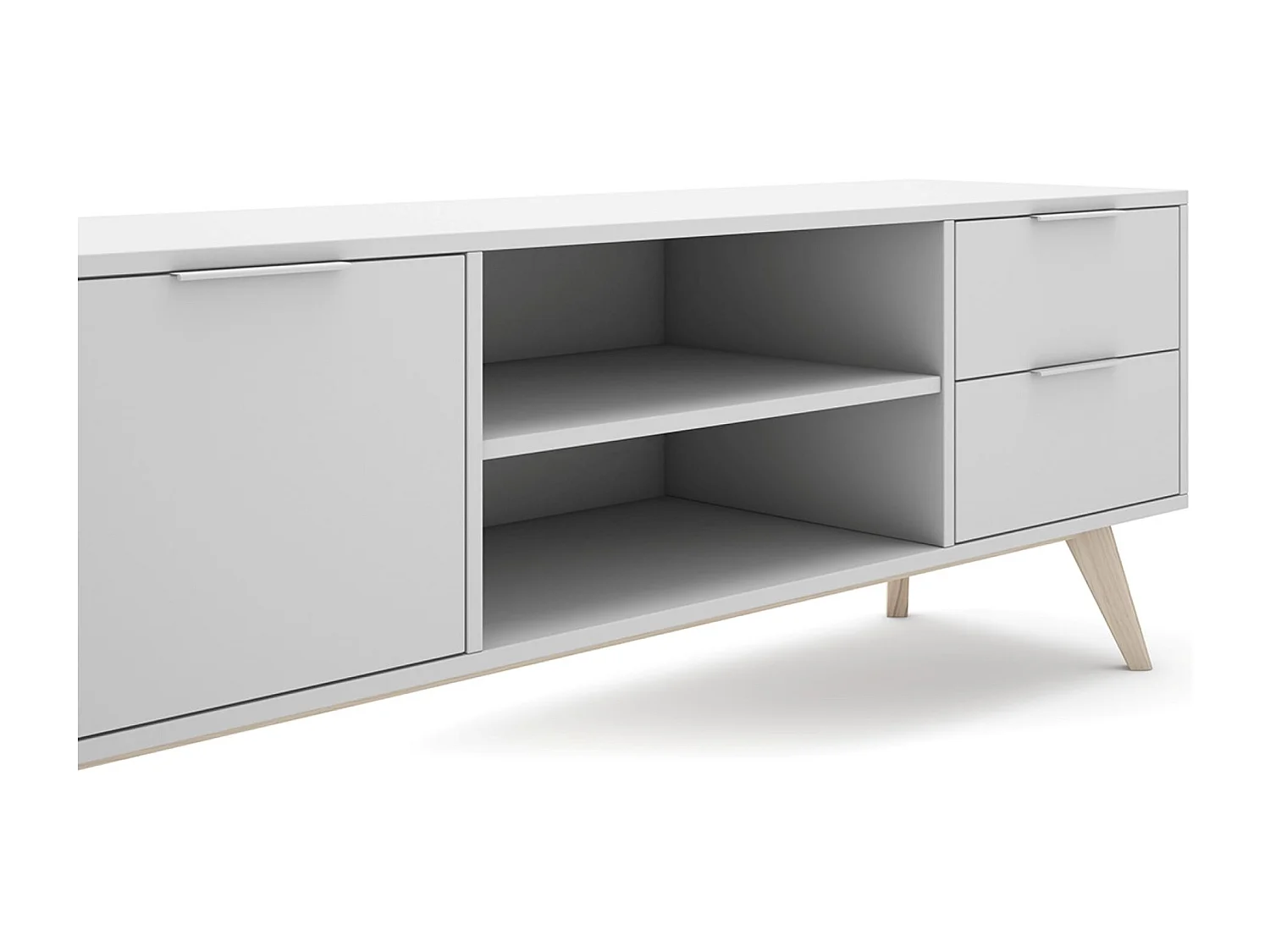 Meuble TV, meuble de salon avec 2 portes, 2 niches et 2 tiroirs en pin coloris blanc/naturel - Longueur 180 x Profondeur 40 x Hauteur 53 cm