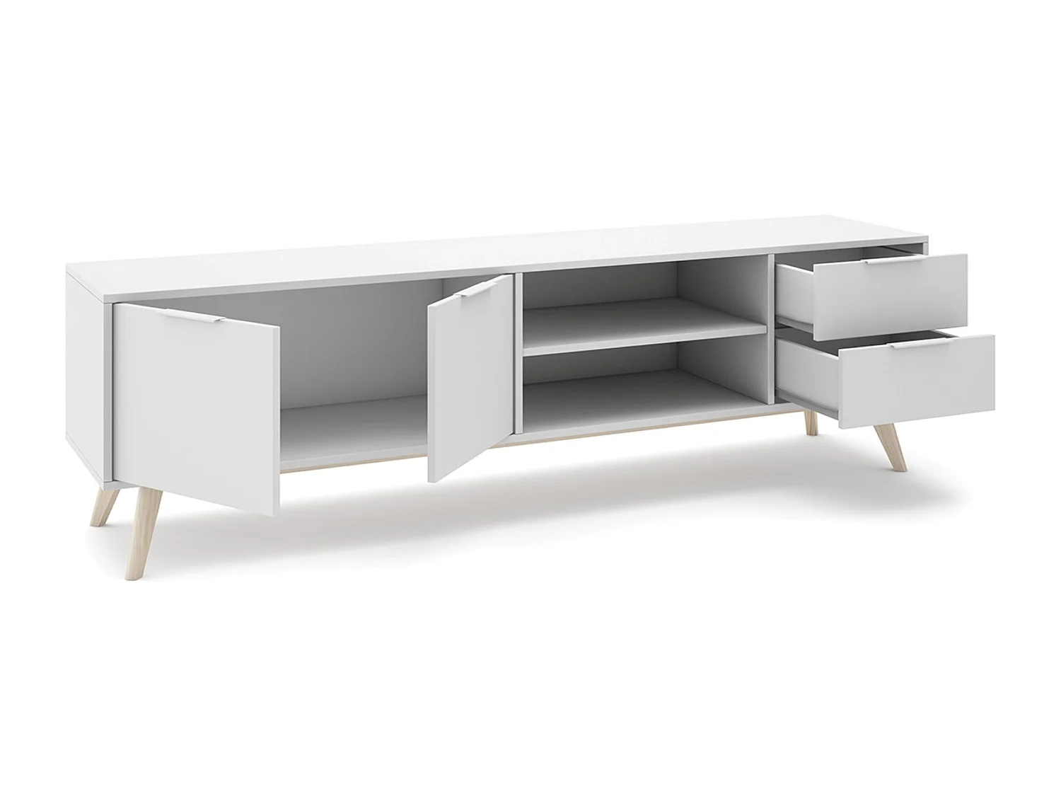 Meuble TV, meuble de salon avec 2 portes, 2 niches et 2 tiroirs en pin coloris blanc/naturel - Longueur 180 x Profondeur 40 x Hauteur 53 cm