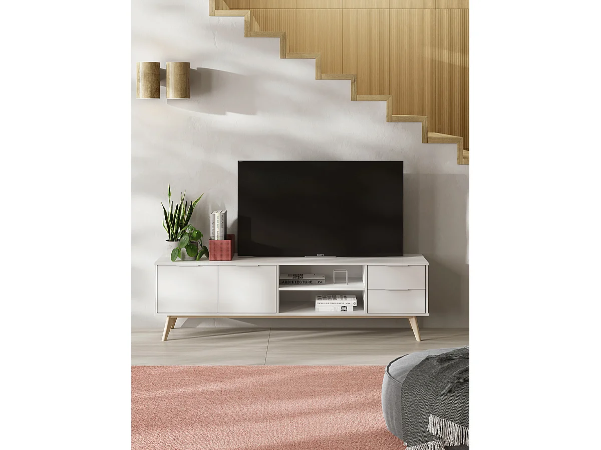 Meuble TV, meuble de salon avec 2 portes, 2 niches et 2 tiroirs en pin coloris blanc/naturel - Longueur 180 x Profondeur 40 x Hauteur 53 cm