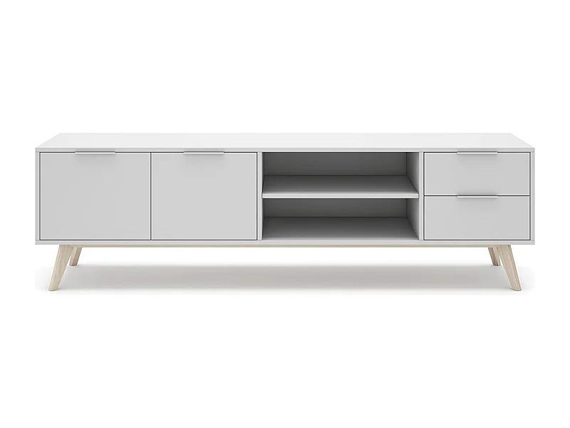 Meuble TV, meuble de salon avec 2 portes, 2 niches et 2 tiroirs en pin coloris blanc/naturel - Longueur 180 x Profondeur 40 x Hauteur 53 cm