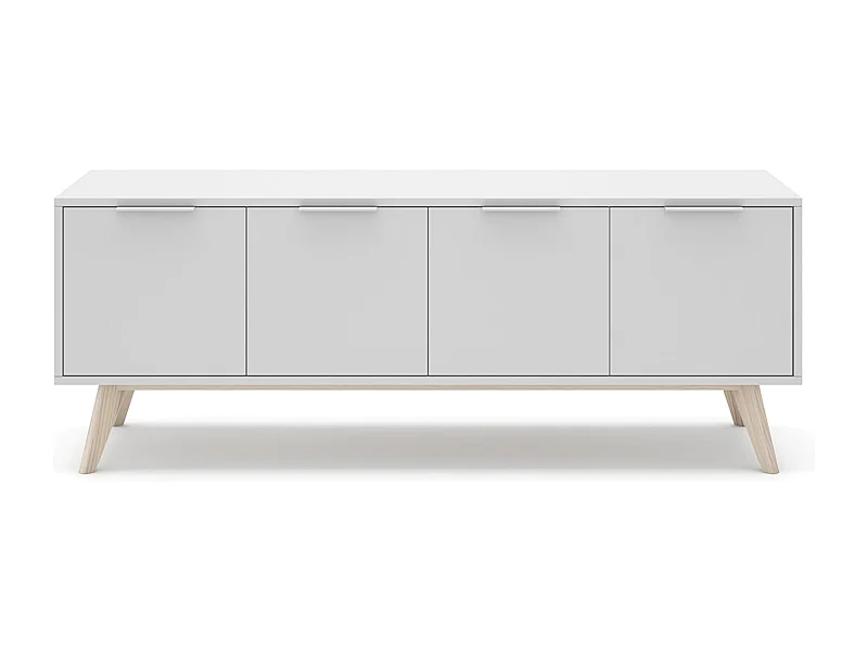 Meuble TV, meuble de salon avec 4 portes en pin coloris blanc/naturel - Longueur 140 x Profondeur 40 x Hauteur 53 cm