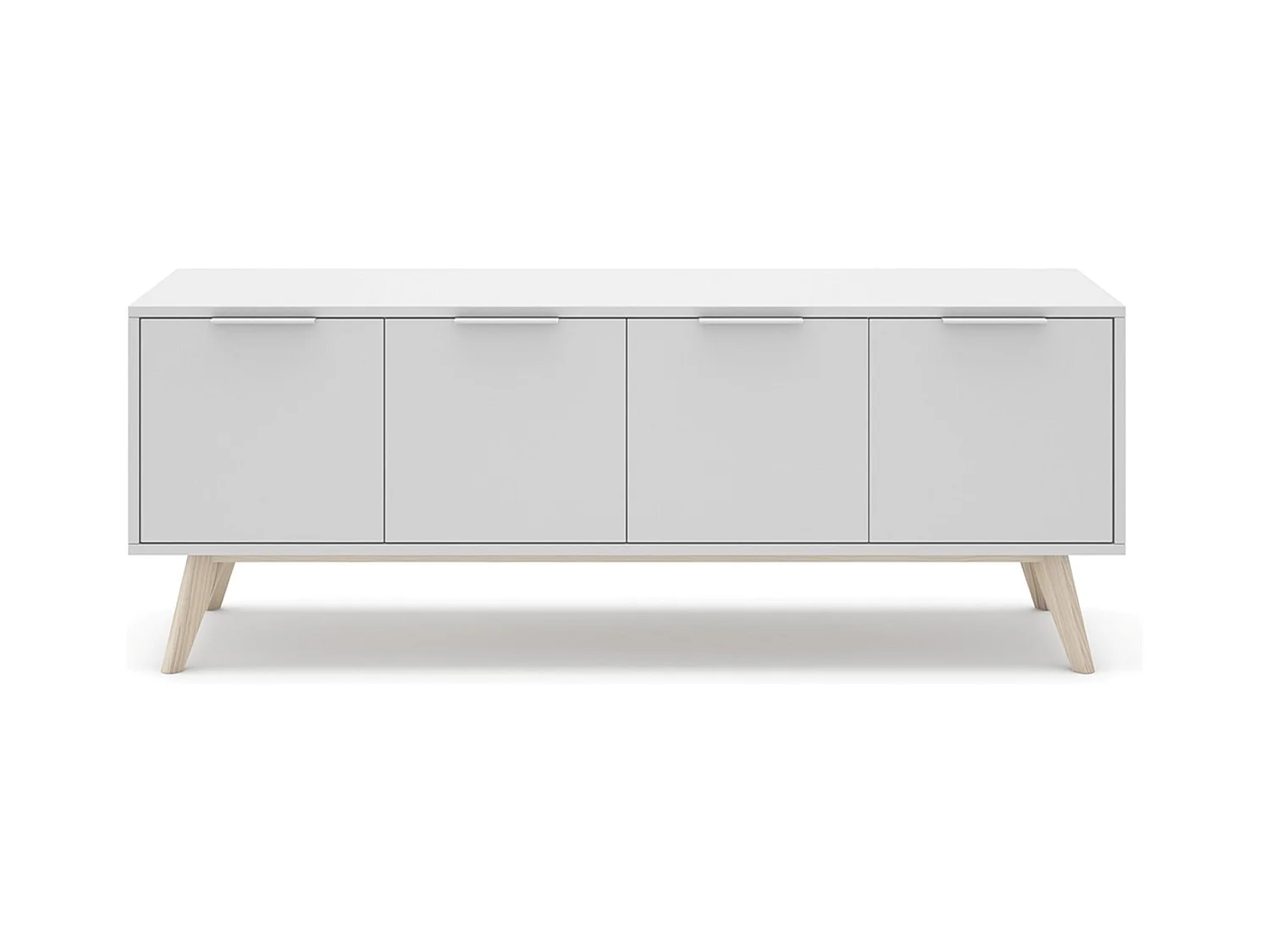 Meuble TV, meuble de salon avec 4 portes en pin coloris blanc/naturel - Longueur 140 x Profondeur 40 x Hauteur 53 cm