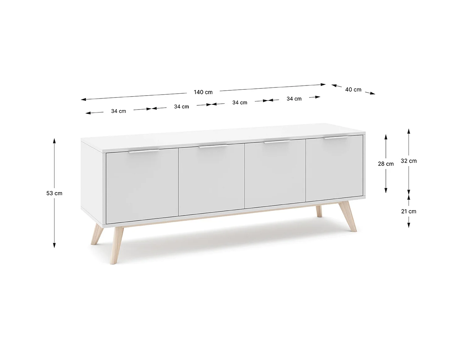 Meuble TV, meuble de salon avec 4 portes en pin coloris blanc/naturel - Longueur 140 x Profondeur 40 x Hauteur 53 cm