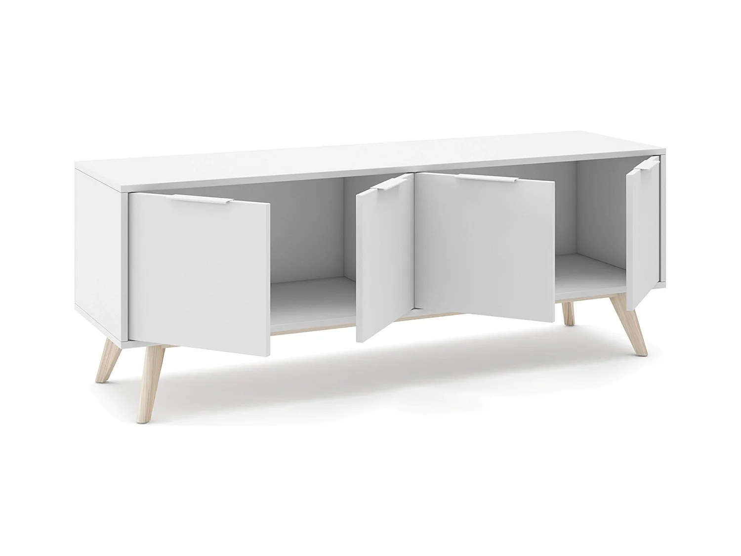 Meuble TV, meuble de salon avec 4 portes en pin coloris blanc/naturel - Longueur 140 x Profondeur 40 x Hauteur 53 cm