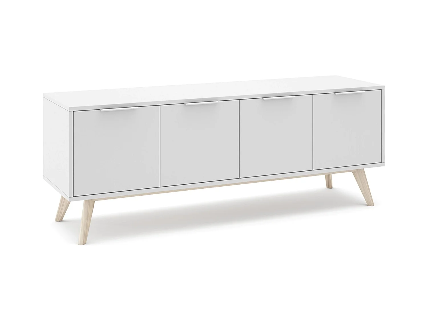Meuble TV, meuble de salon avec 4 portes en pin coloris blanc/naturel - Longueur 140 x Profondeur 40 x Hauteur 53 cm
