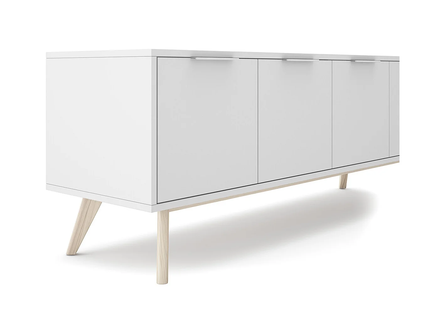 Meuble TV, meuble de salon avec 4 portes en pin coloris blanc/naturel - Longueur 140 x Profondeur 40 x Hauteur 53 cm
