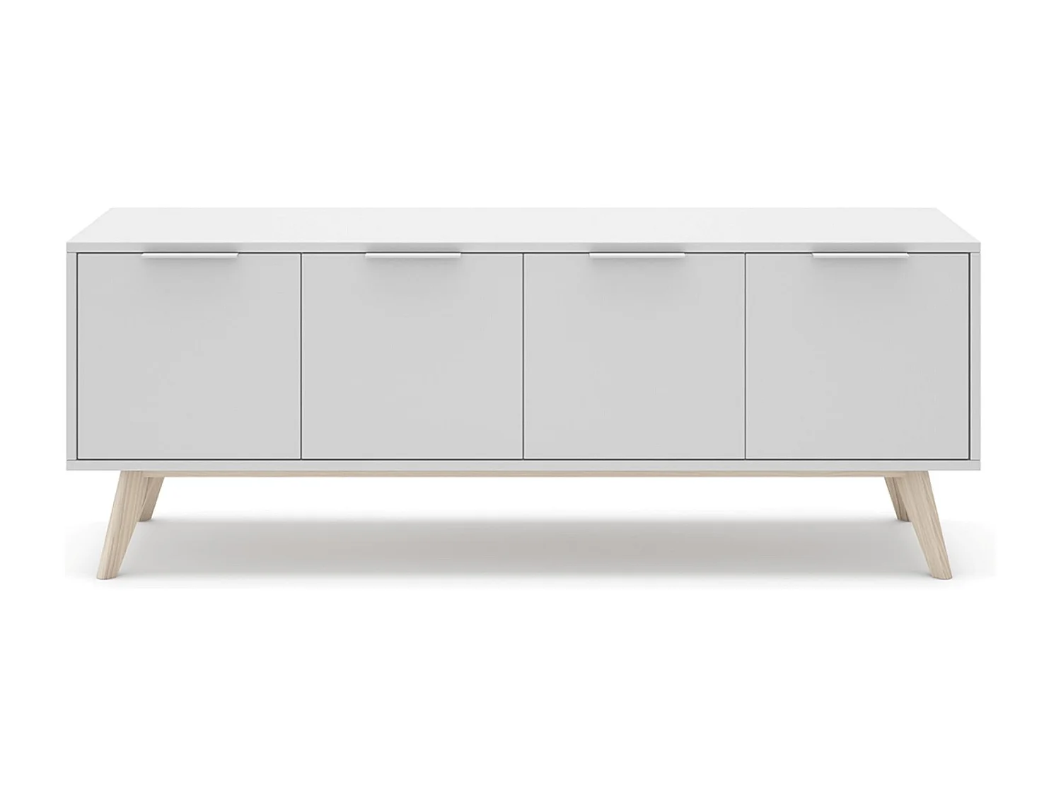 Meuble TV, meuble de salon avec 4 portes en pin coloris blanc/naturel - Longueur 140 x Profondeur 40 x Hauteur 53 cm