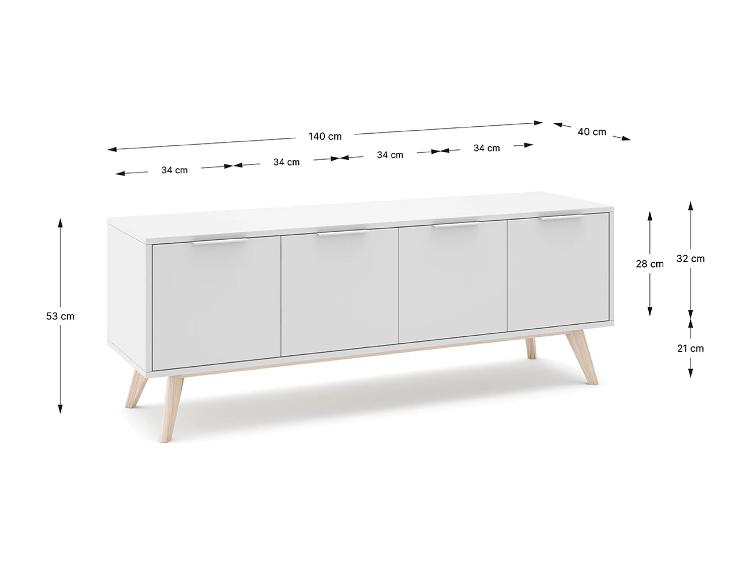 Meuble TV, meuble de salon avec 4 portes en pin coloris blanc/naturel - Longueur 140 x Profondeur 40 x Hauteur 53 cm