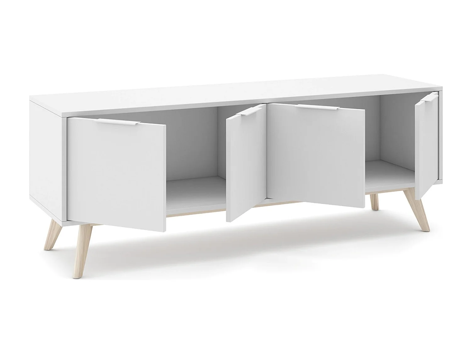 Meuble TV, meuble de salon avec 4 portes en pin coloris blanc/naturel - Longueur 140 x Profondeur 40 x Hauteur 53 cm